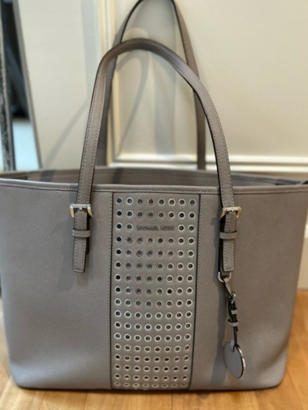 MICHAEL KORS Jet Set Gray Leather Tote with Grommet Detail